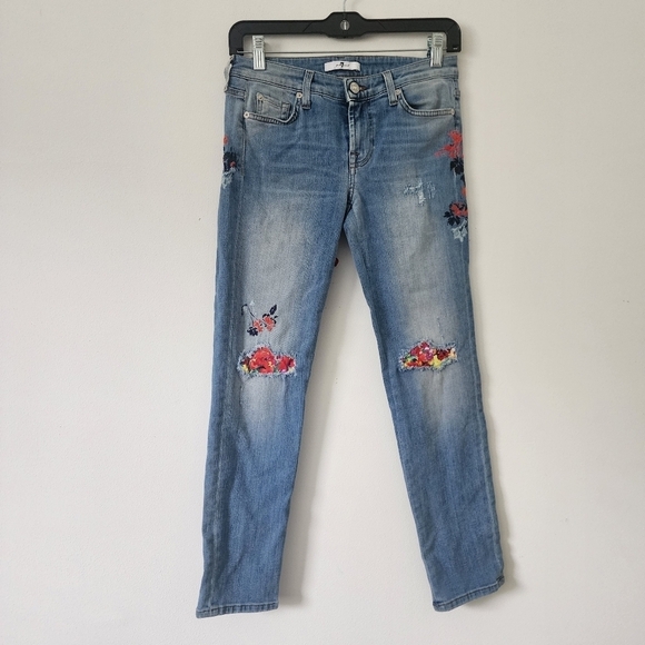 7 for all Mankind Pyper Crop Jeans with Floral Embroidery Firework Indigo Sz 24 - Picture 2 of 13